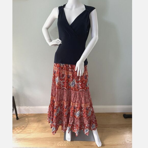 Boho Red Paisley Patchwork Maxi Skirt Tiered Crinkle Elastic Waist size Large - Picture 6 of 8